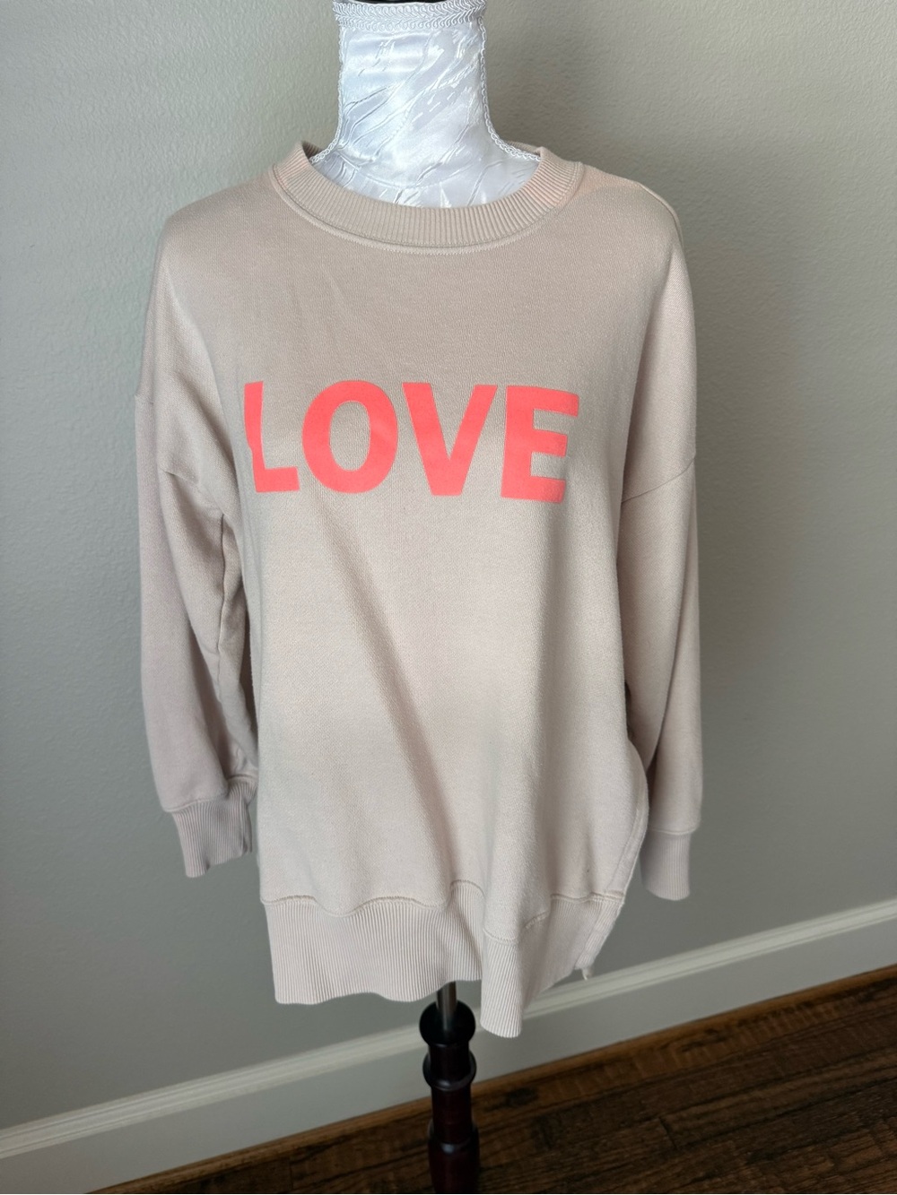 aerie Beige Sweatshirt with Coral LOVE Graphic